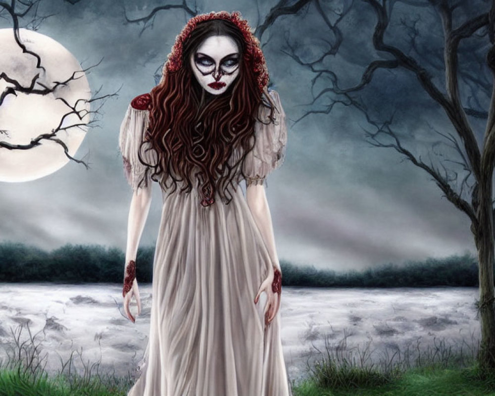 Woman in White with Skull-like Makeup in Moonlit, Foggy Landscape