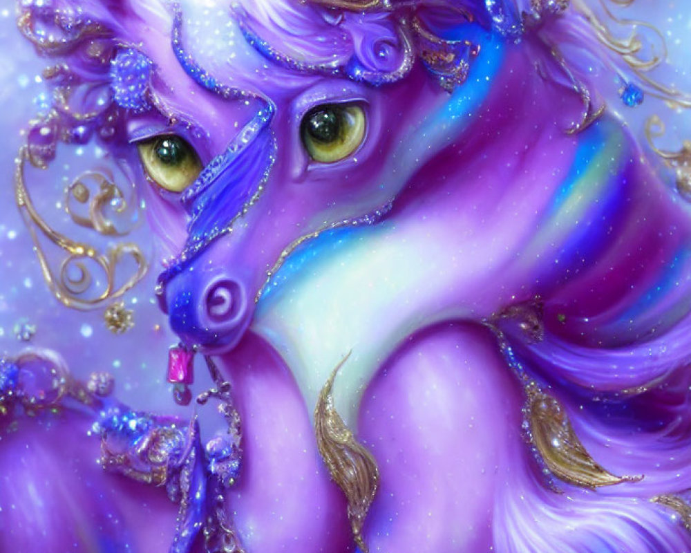 Whimsical purple unicorn with gold details and rainbow mane