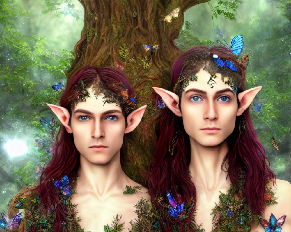 Elven characters with pointed ears in mystical forest with butterflies