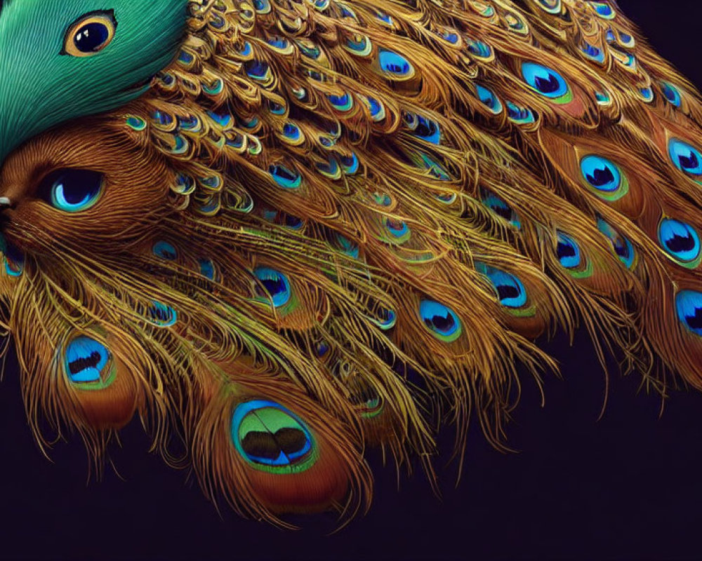 Detailed Close-Up Illustration of Vibrant Peacock Feathers in Blues and Golds