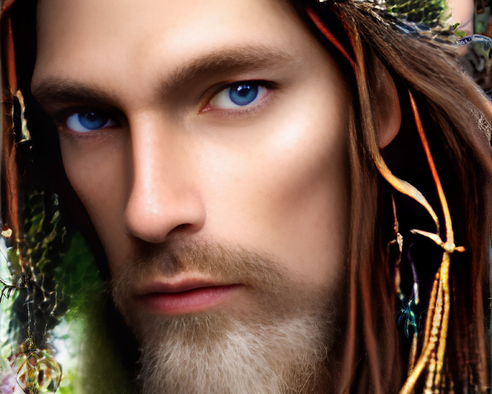 Fantasy portrait of a man with blue eyes and natural elements