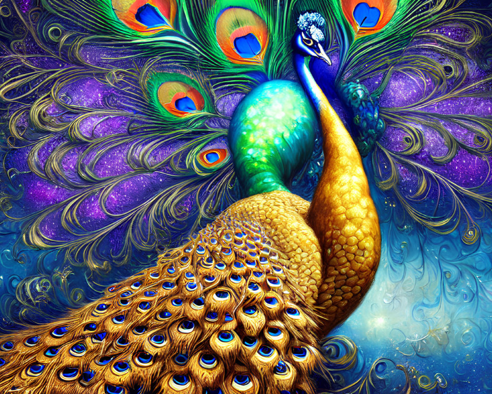 Colorful Peacock Digital Art Against Fantasy Blue Background