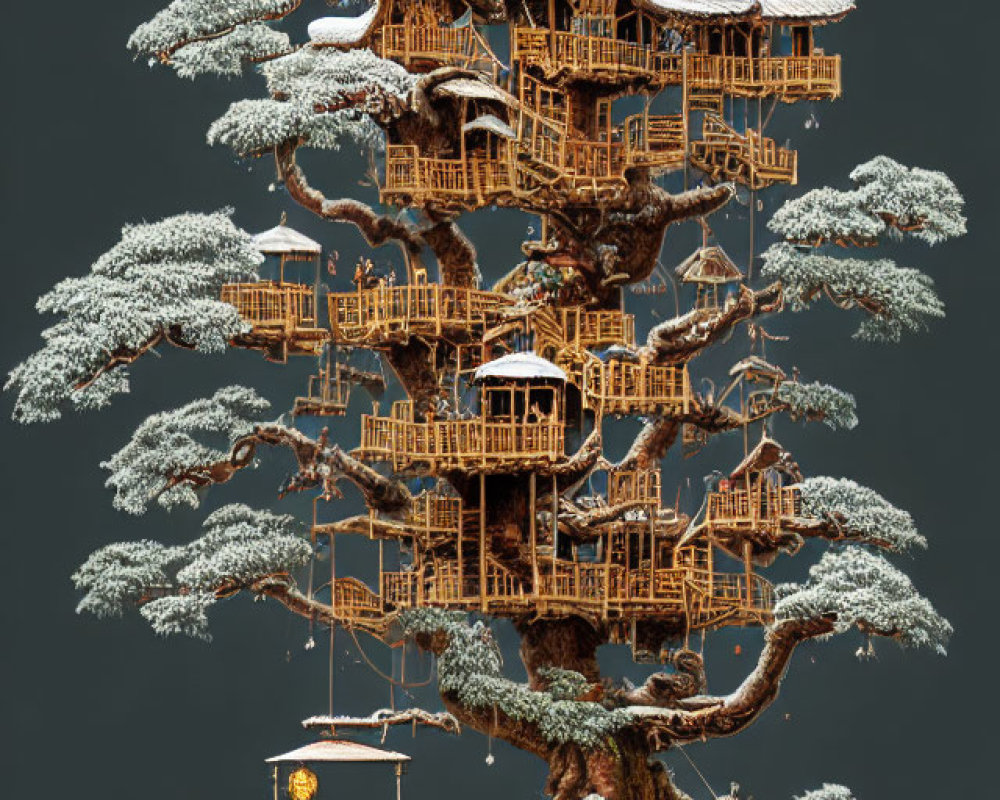 Snow-covered treehouse in intricate bonsai-like tree