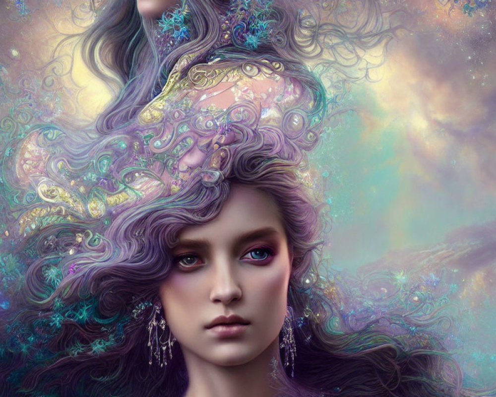 Surreal Artwork: Woman with Violet Hair and Celestial Patterns