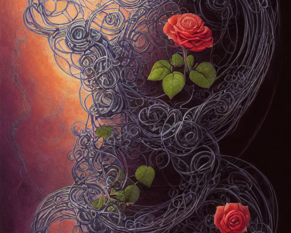 Abstract painting with swirling dark lines and realistic roses on warm background