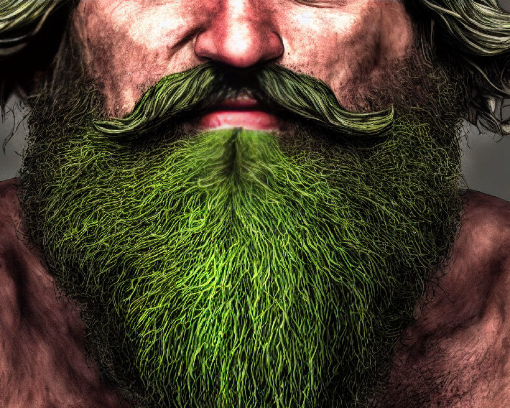 Person with Textured Green Beard and Styled Mustache on Gray Background