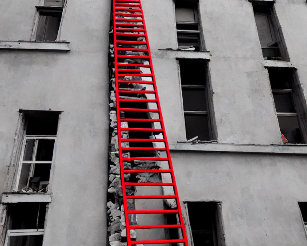 Red ladder connecting rocks to window on grayscale derelict building facade