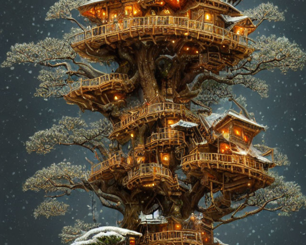 Multi-level treehouse in snowy night scene, intricately designed and warmly lit.