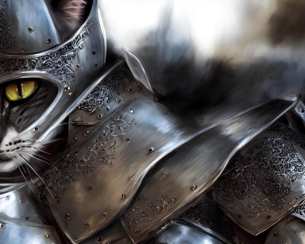 Medieval armor-clad cat with intricate patterns and yellow eyes