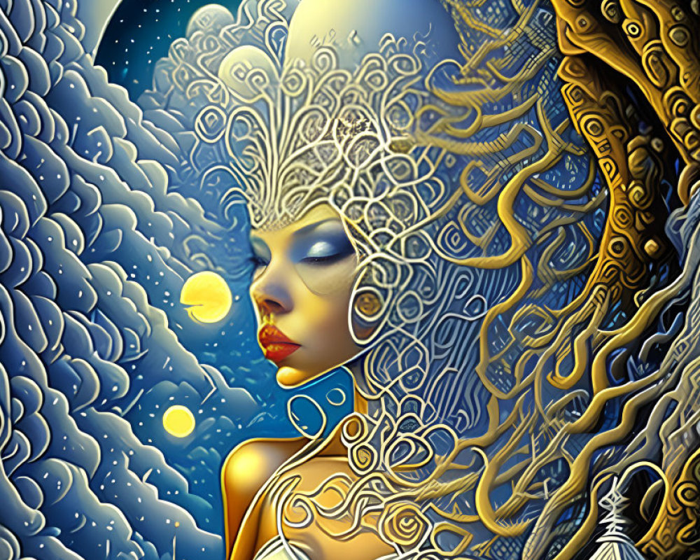 Fantastical illustration of woman with tree-like hair under starry night sky