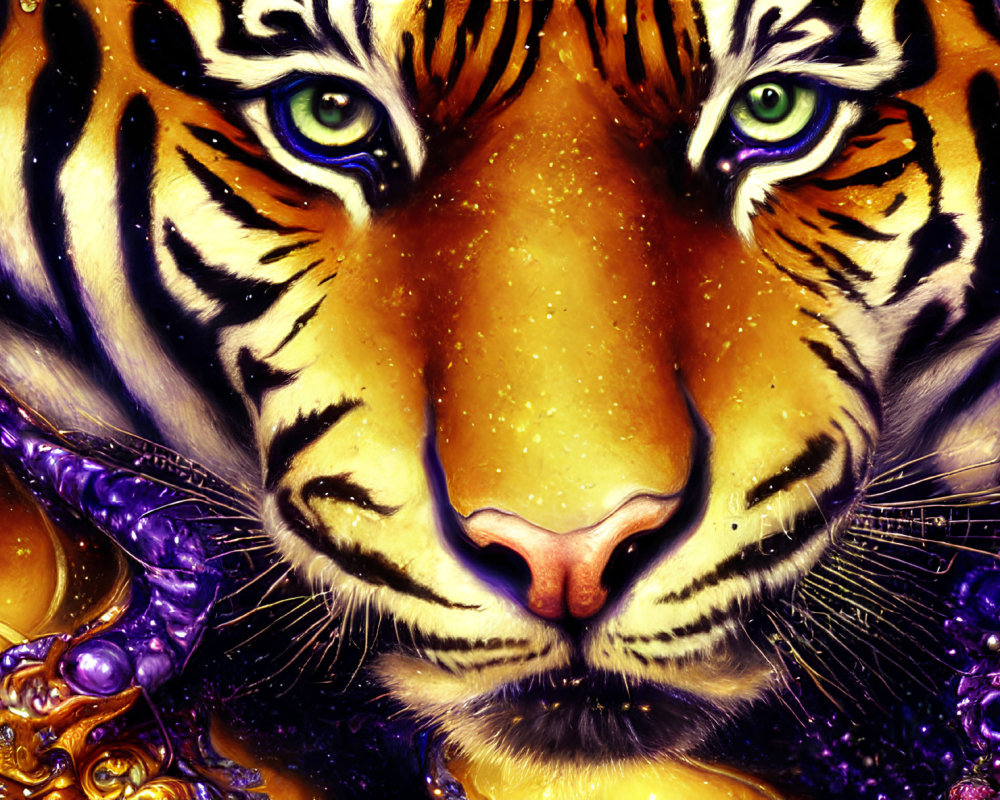 Detailed illustration of a tiger's face with green eyes and ornate jewels in purple and gold.