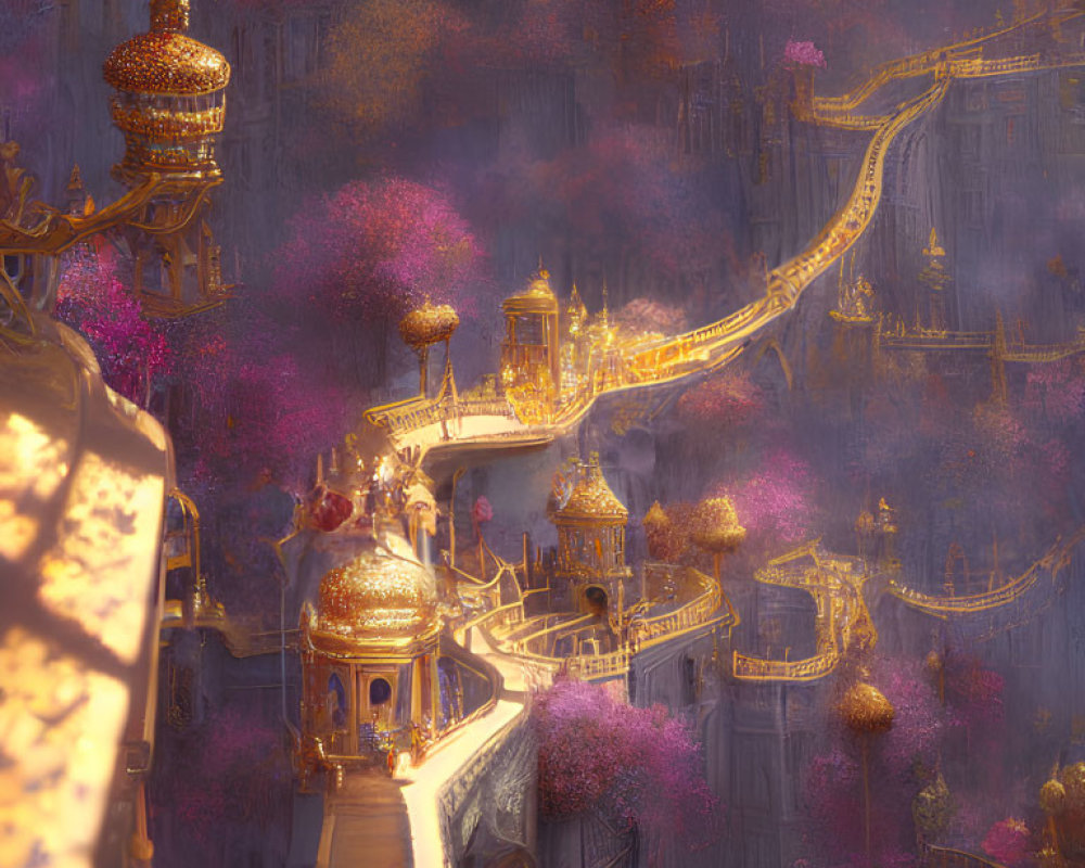 Golden fantasy cityscape with intricate architecture and purple trees