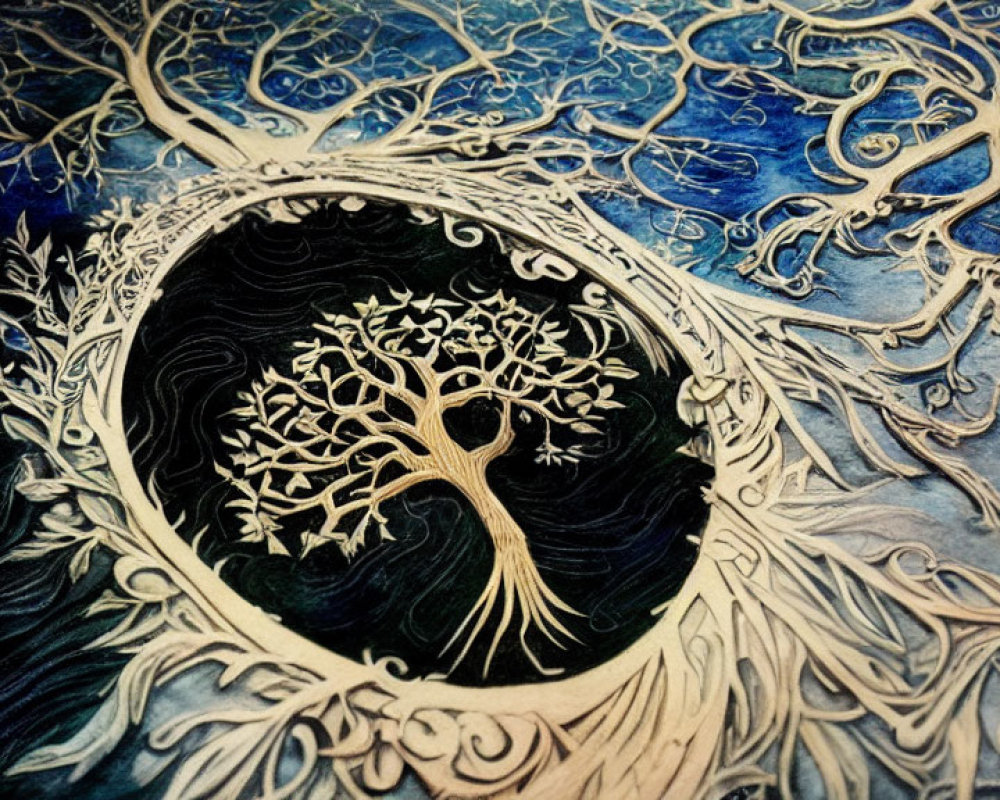 Detailed Stylized Tree Artwork in Circle with Swirling Branches on Blue Background