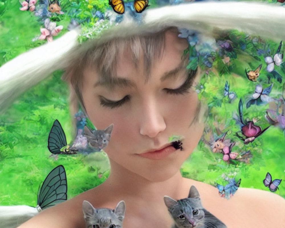 Person in Wide-Brimmed Hat with Flowers, Surrounded by Kittens and Butterflies