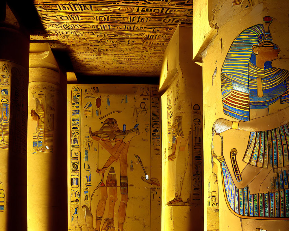 Ancient Egyptian Temple with Hieroglyph-Covered Walls and Pharaoh Depiction