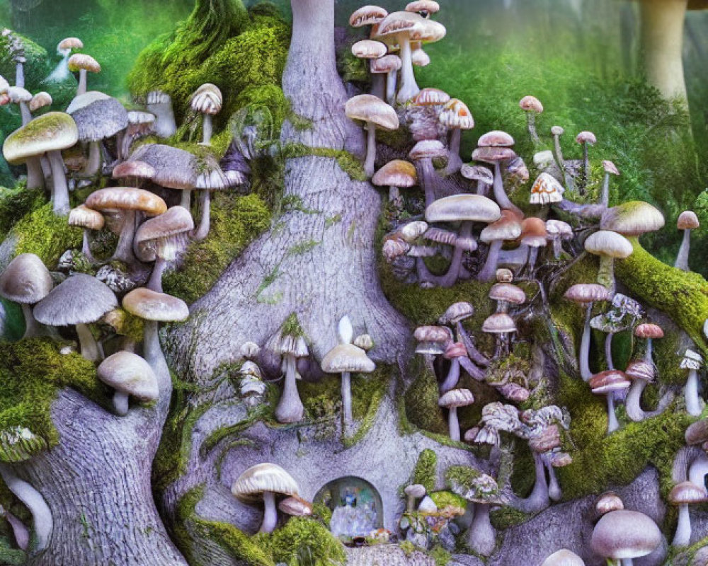 Enchanting forest scene with mushrooms on gnarled tree trunk