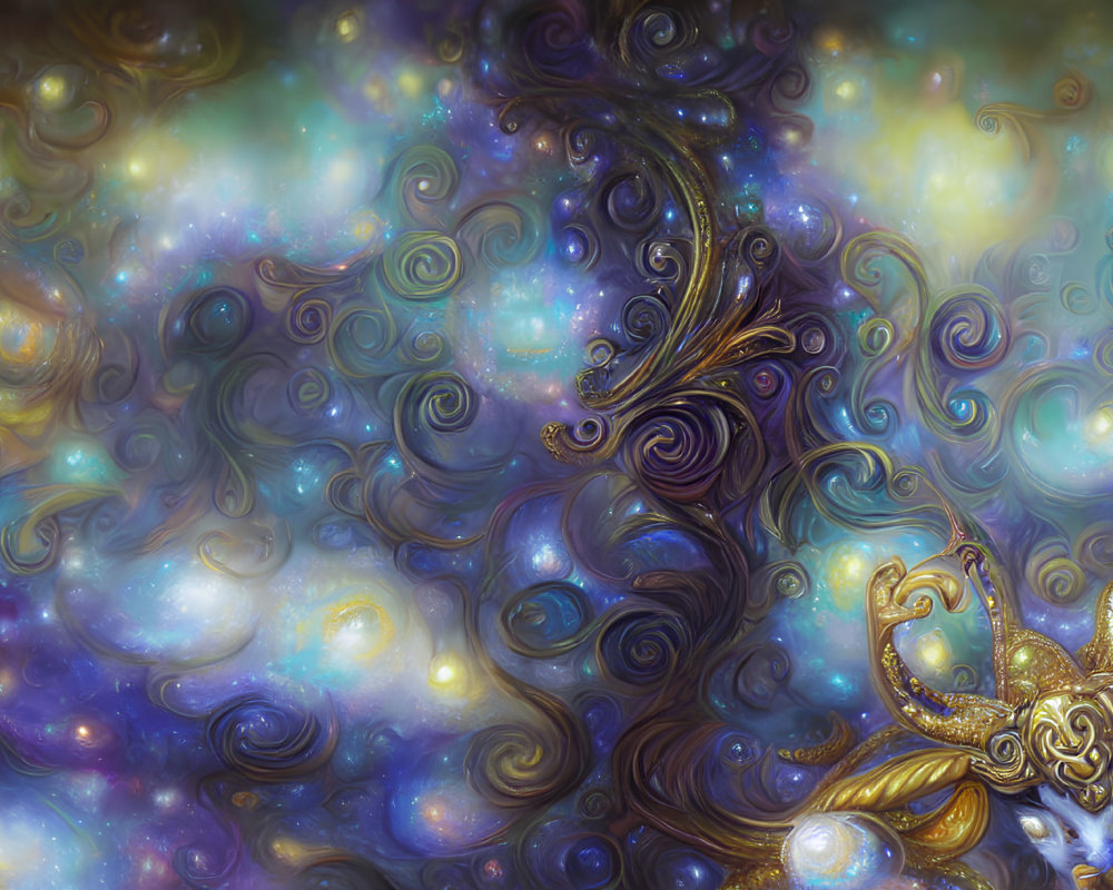 Cosmic digital artwork with blue, purple, and gold swirls and ornate celestial patterns