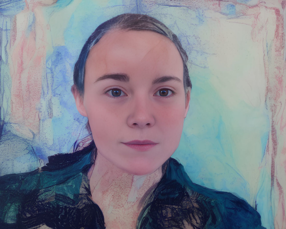 Portrait of a person with neutral expression on abstract blue and pink background