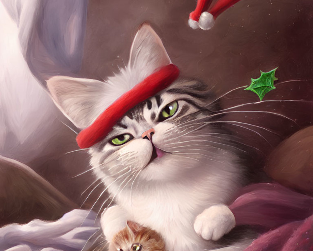 Whimsical Santa hat cat duo in dreamy setting