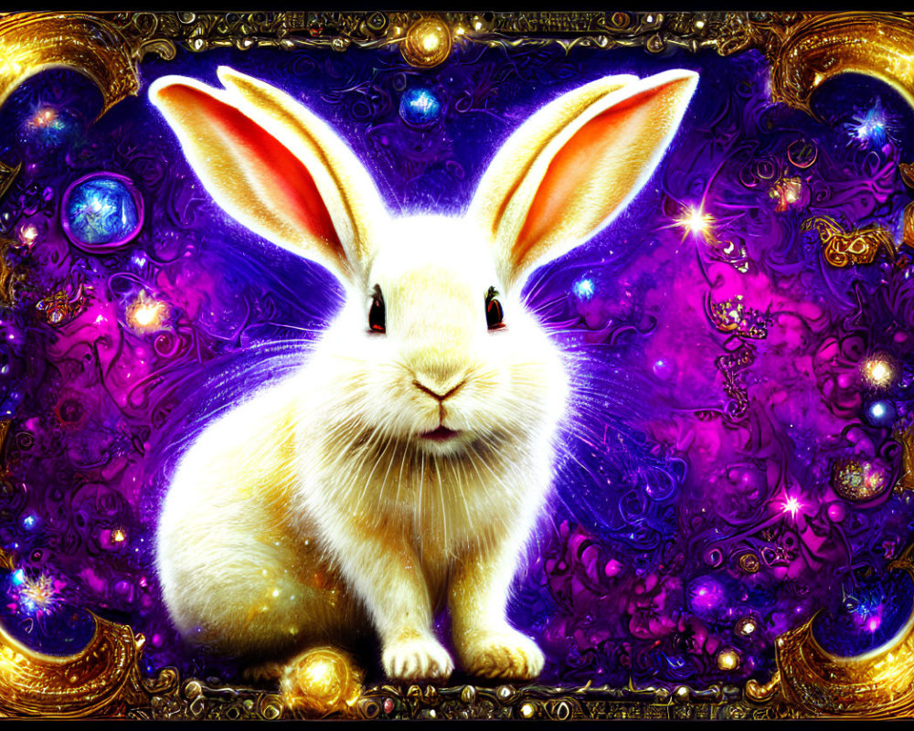 White Rabbit Illustration on Purple & Gold Ornate Background