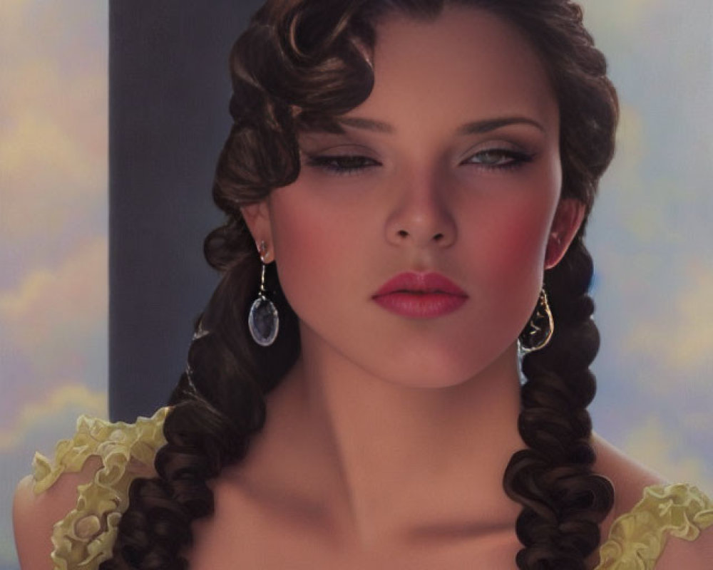 Portrait of woman with elegant braided hair, yellow dress, blue earrings, gazing sideways.