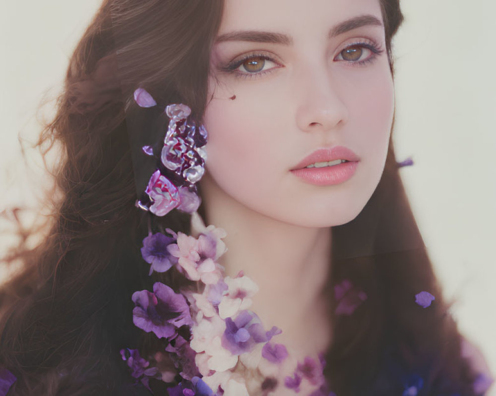 Portrait of woman with dark hair and fair skin among purple flowers