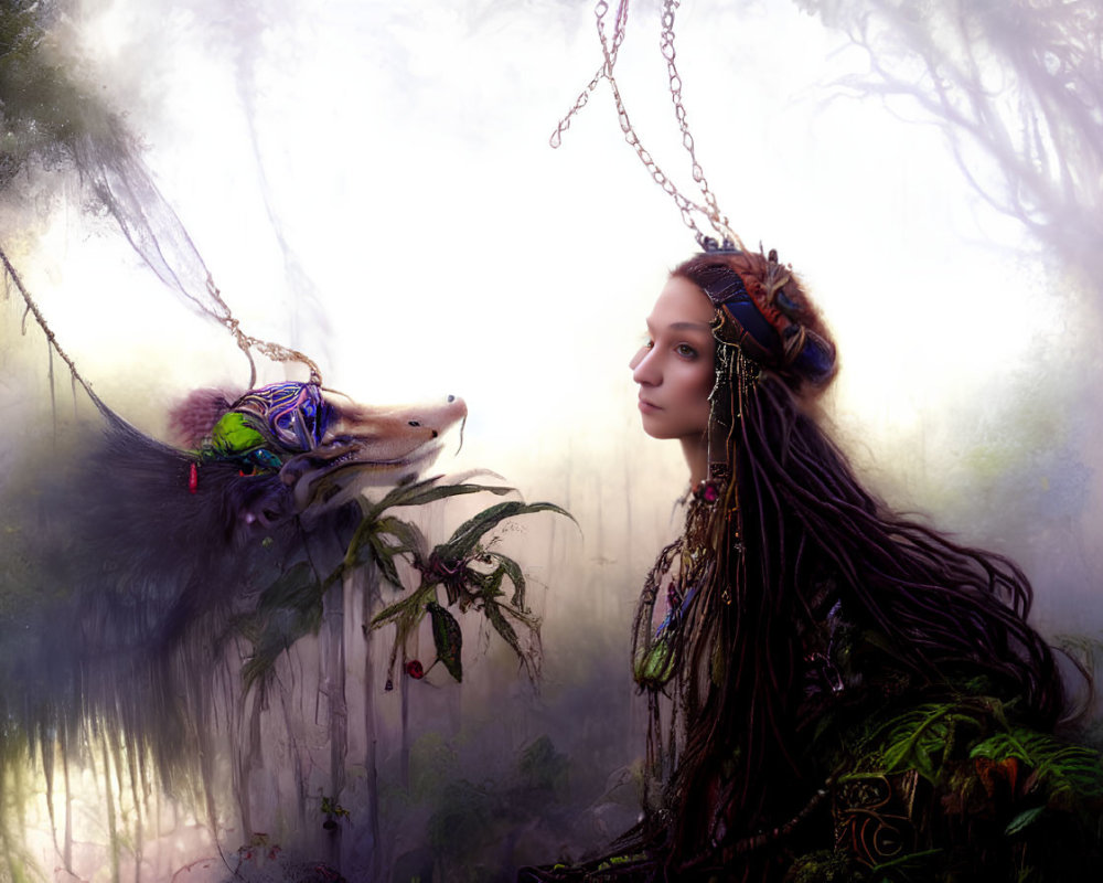 Woman and dragon in foggy forest with delicate chains