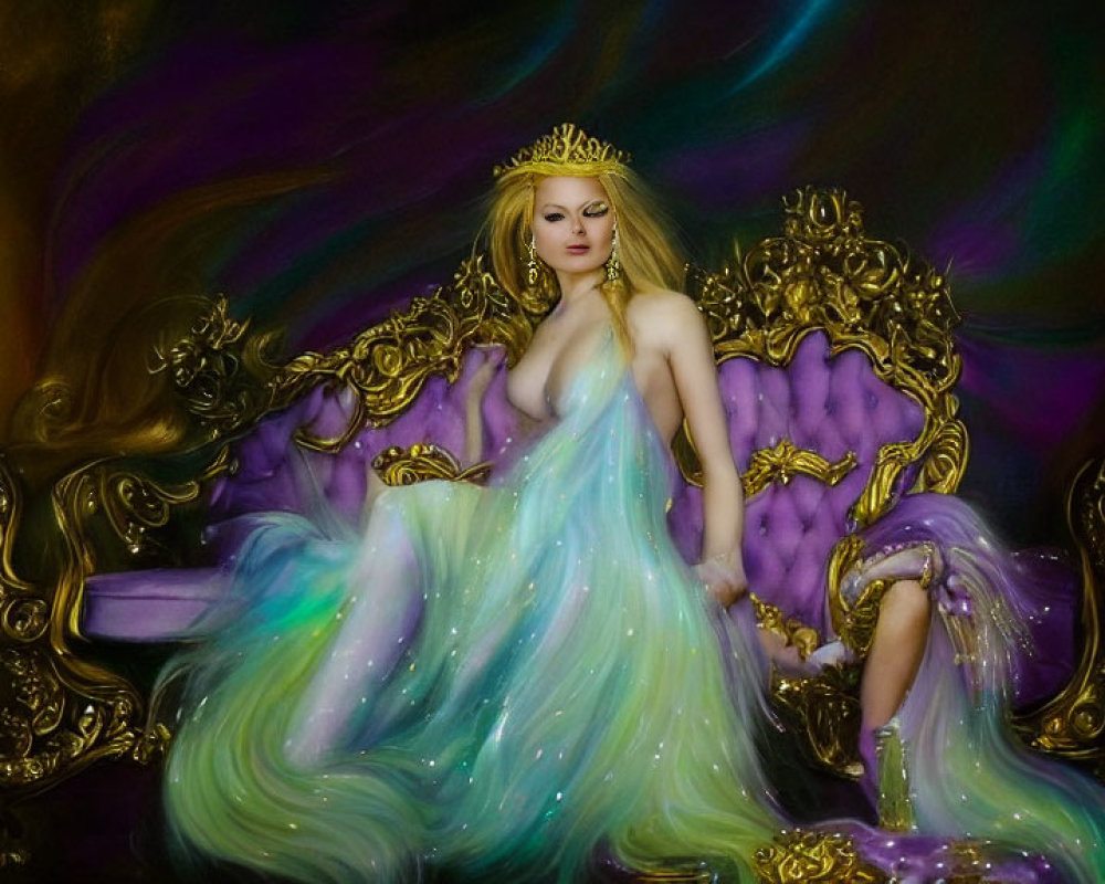 Regal queen on throne with crown, flowing dress, ethereal lights, vibrant backdrop