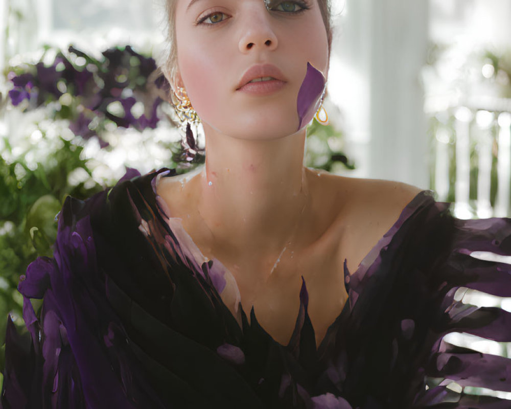 Solemn woman in purple floral attire with abstract makeup in bright, plant-filled room