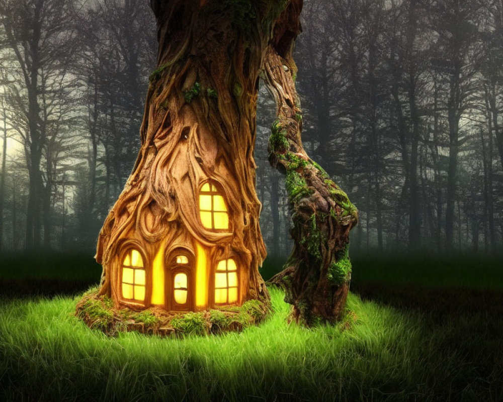 Glowing windows treehouse in misty forest surrounded by green floor