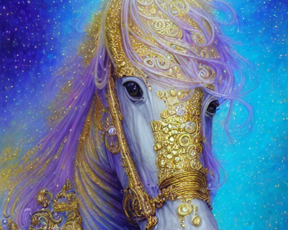 Majestic unicorn with purple mane and golden armor on cosmic blue backdrop