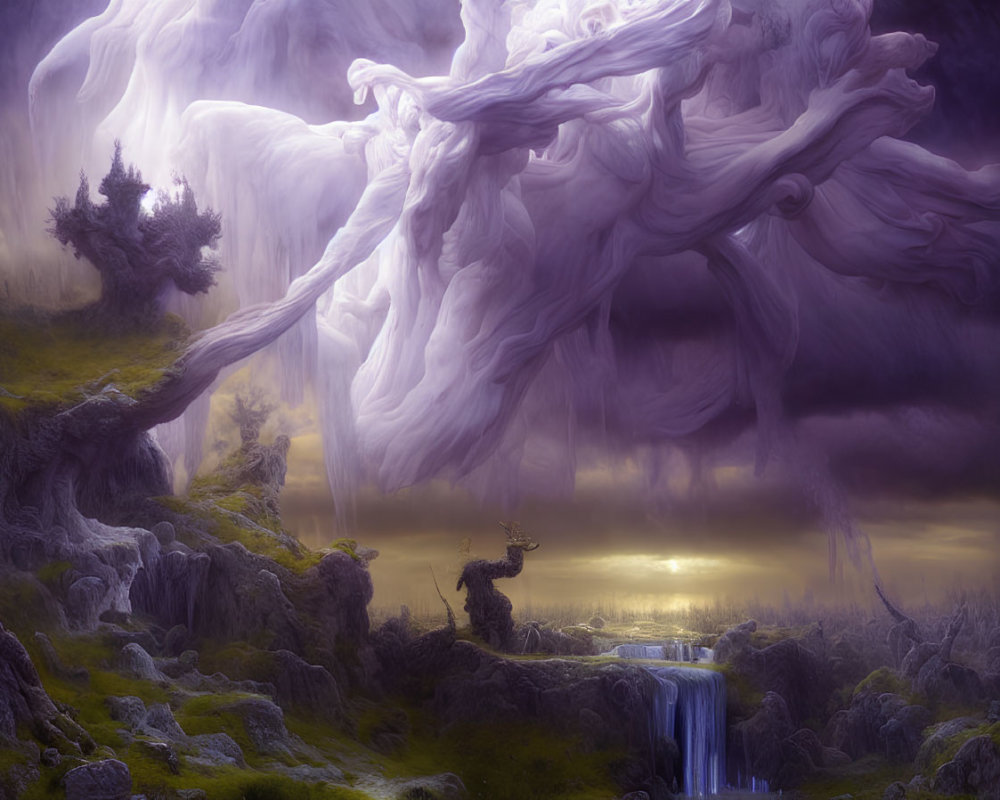 Mystical landscape with stag-man, purple waterfall, white figures, twilight clouds