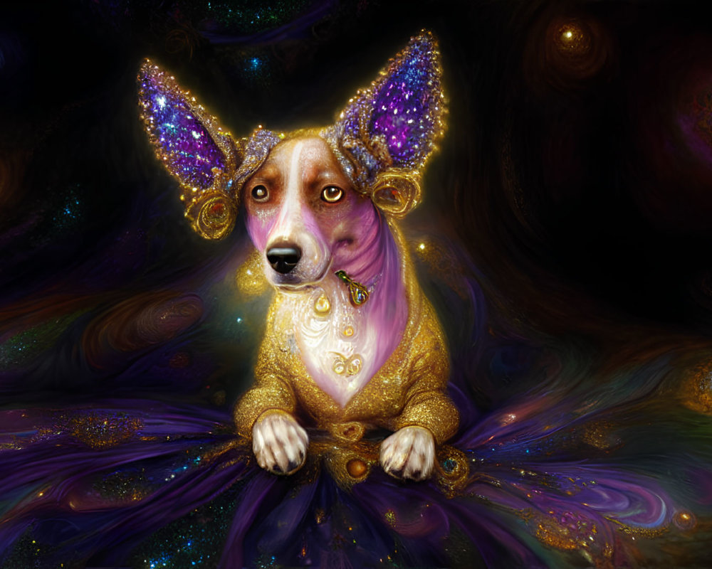 Mystical dog with violet ears and golden neckpiece in cosmic setting