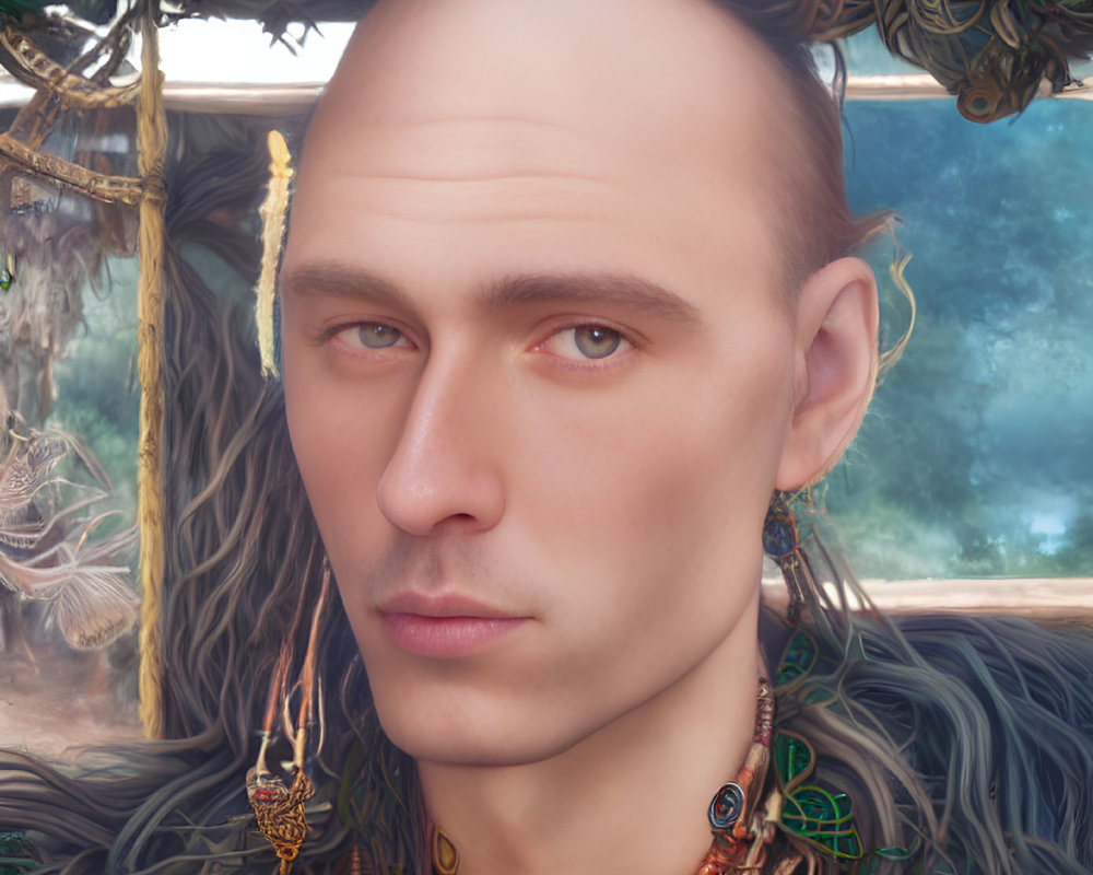 Portrait of person with shaved head, intense gaze, intricate accessories, against natural backdrop