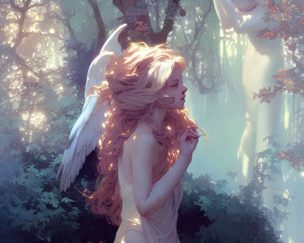 Ethereal figure with wings and antlers in sun-drenched forest