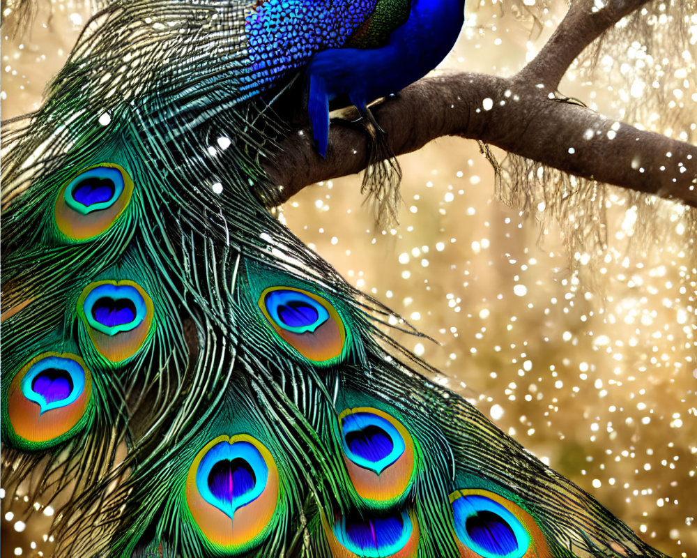 Colorful Peacock Displaying Iridescent Tail Feathers on Branch