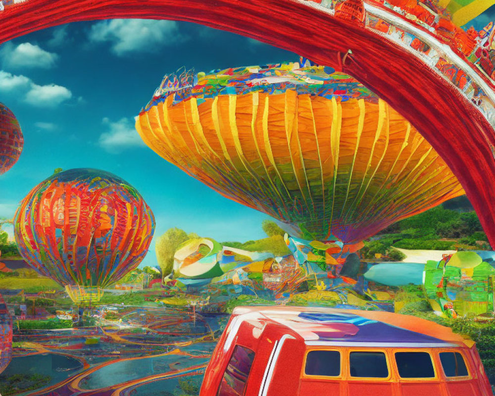 Colorful Landscape with Hot Air Balloons and Red Arch Bridge