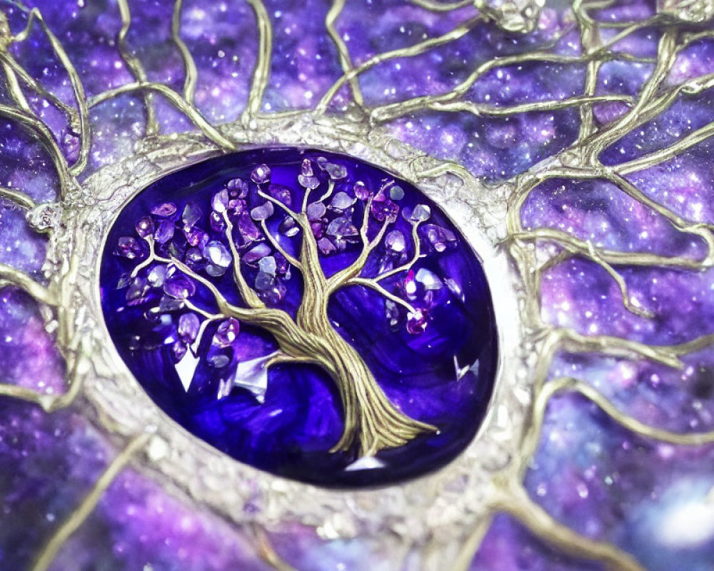 Intricate silver tree on cosmic purple and blue background