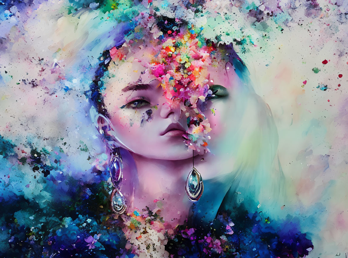 Colorful Artwork: Woman with Paint Splatters and Flowers