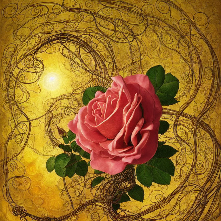 Detailed Pink Rose on Golden Spiral-Patterned Background