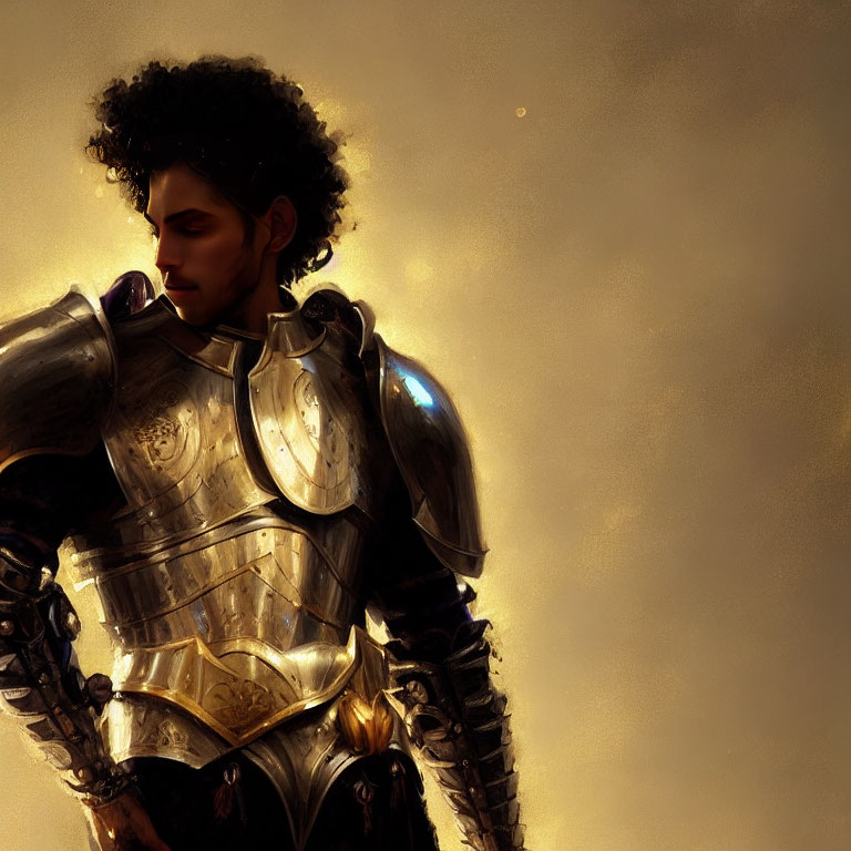 Medieval armor-clad person with curly hair in warm, golden light