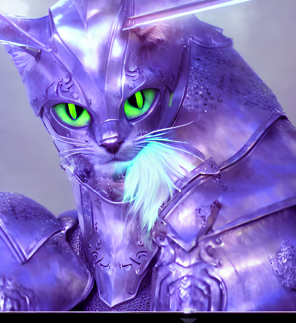 Digital Artwork: Cat in Silver Armor with Green Eyes and Blue Blade