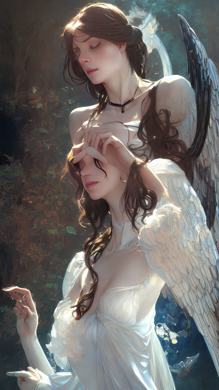 Ethereal artwork featuring angelic figures embracing in a forest