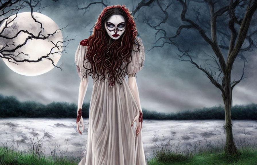 Woman in White with Skull-like Makeup in Moonlit, Foggy Landscape