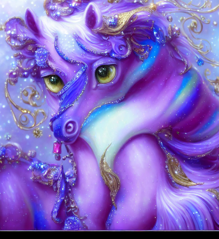 Whimsical purple unicorn with gold details and rainbow mane