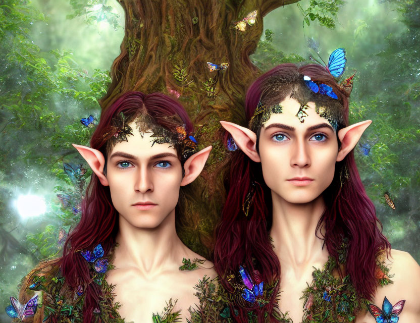 Elven characters with pointed ears in mystical forest with butterflies