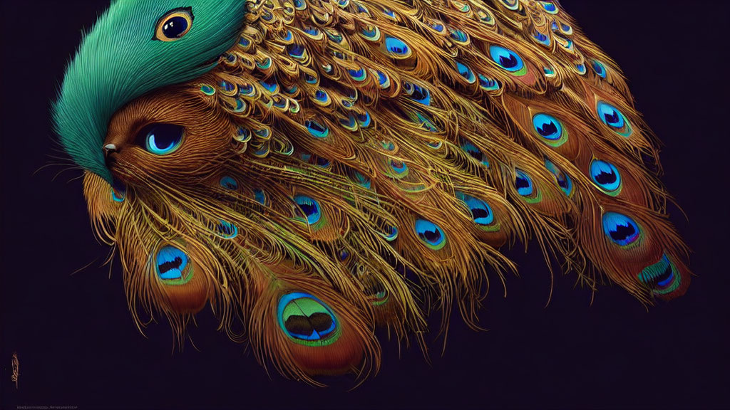 Detailed Close-Up Illustration of Vibrant Peacock Feathers in Blues and Golds