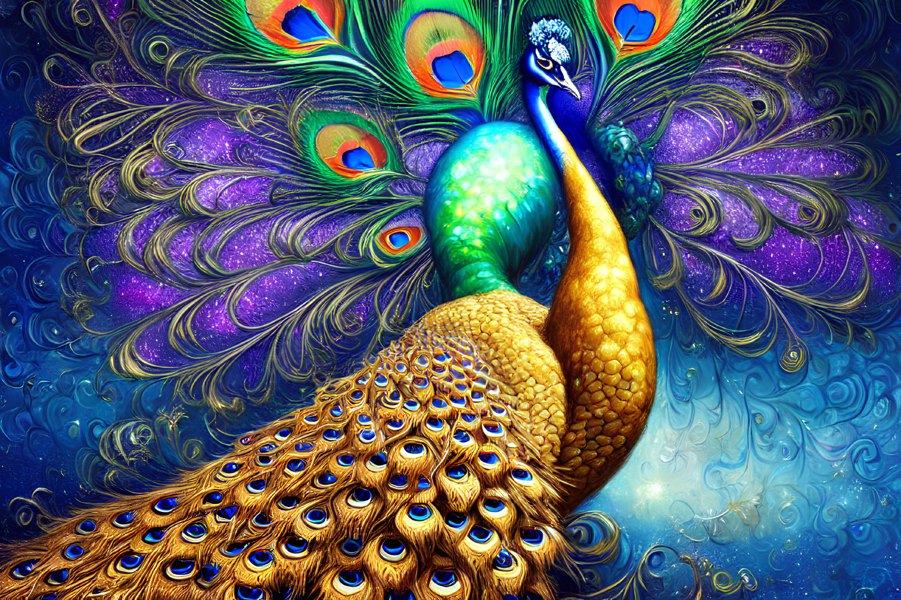 Colorful Peacock Digital Art Against Fantasy Blue Background