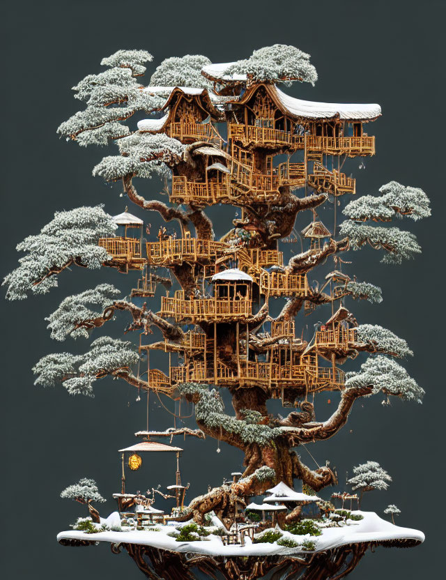 Snow-covered treehouse in intricate bonsai-like tree