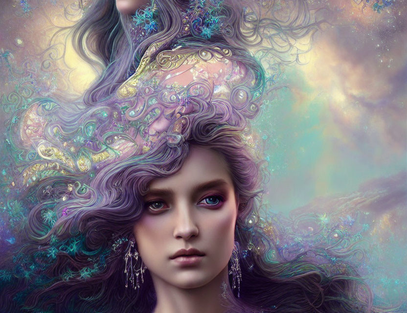 Surreal Artwork: Woman with Violet Hair and Celestial Patterns